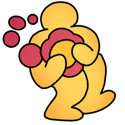 a curled up yellow figure with a dark pink gradient thought bubble going their chest, which has a yellow circle in it.